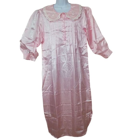 NWT NOS Prairie Collar Nightgown -M Buttons Pin-Tucks Puff LSL Shiny Pink Satin - Picture 1 of 11